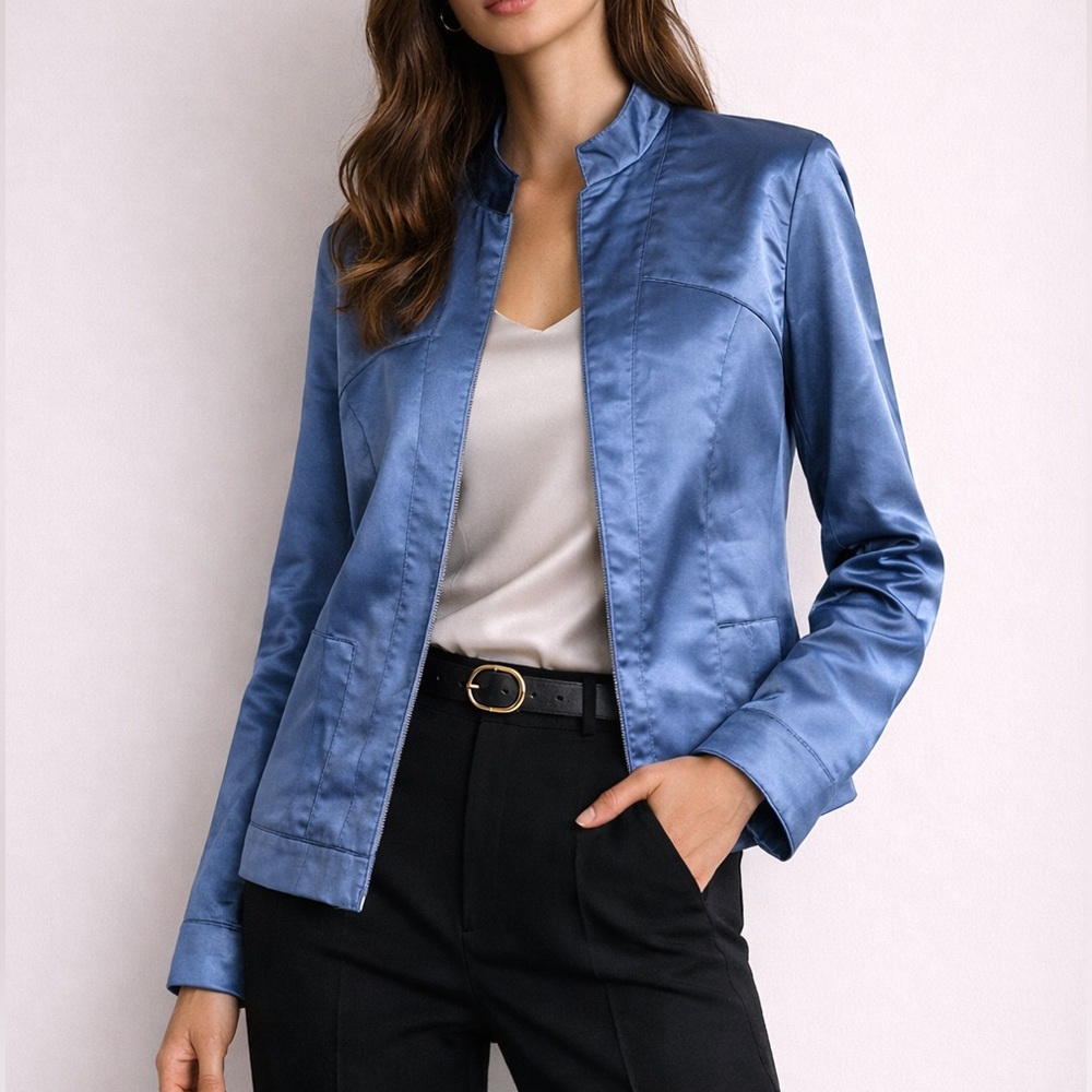 J. Peterman Women’s 14 Post Modern Blue Satin Bomber Jacket Quiet Luxury Preppy